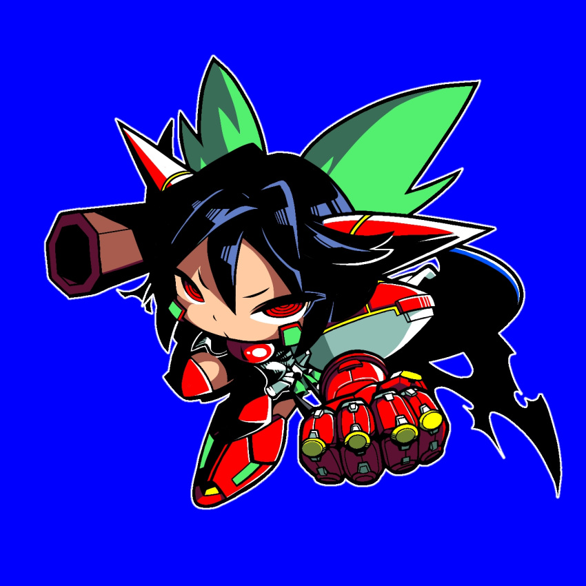 1girl arm_cannon armor armored_boots black_cape black_hair blue_background boots bow cape clenched_hand closed_mouth commentary_request control_rod cookie_(touhou) cosplay full_body gauntlets getter-1 getter-1_(cosplay) getter_robo green_bow hair_between_eyes hair_bow highres long_hair looking_at_viewer mecha_musume nadeko_(cookie) red_armor red_eyes reiuji_utsuho ringed_eyes simple_background solo third_eye tonchamon_san touhou v-shaped_eyebrows weapon