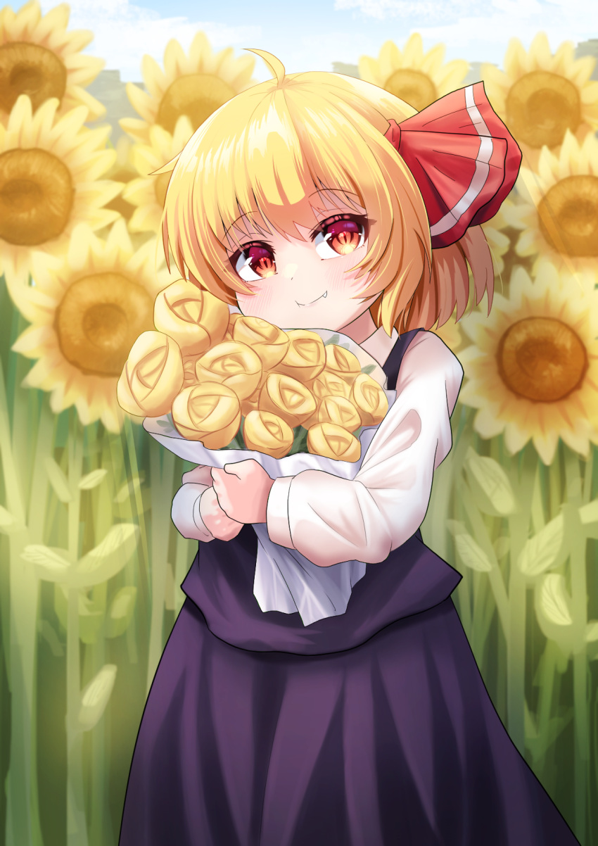 1girl black_skirt black_vest blonde_hair bouquet fang flower hair_ribbon highres holding holding_bouquet looking_at_viewer outdoors red_eyes ribbon rion_(user_ufvg8527) rumia shirt short_hair skirt smile solo sunflower touhou vest white_shirt