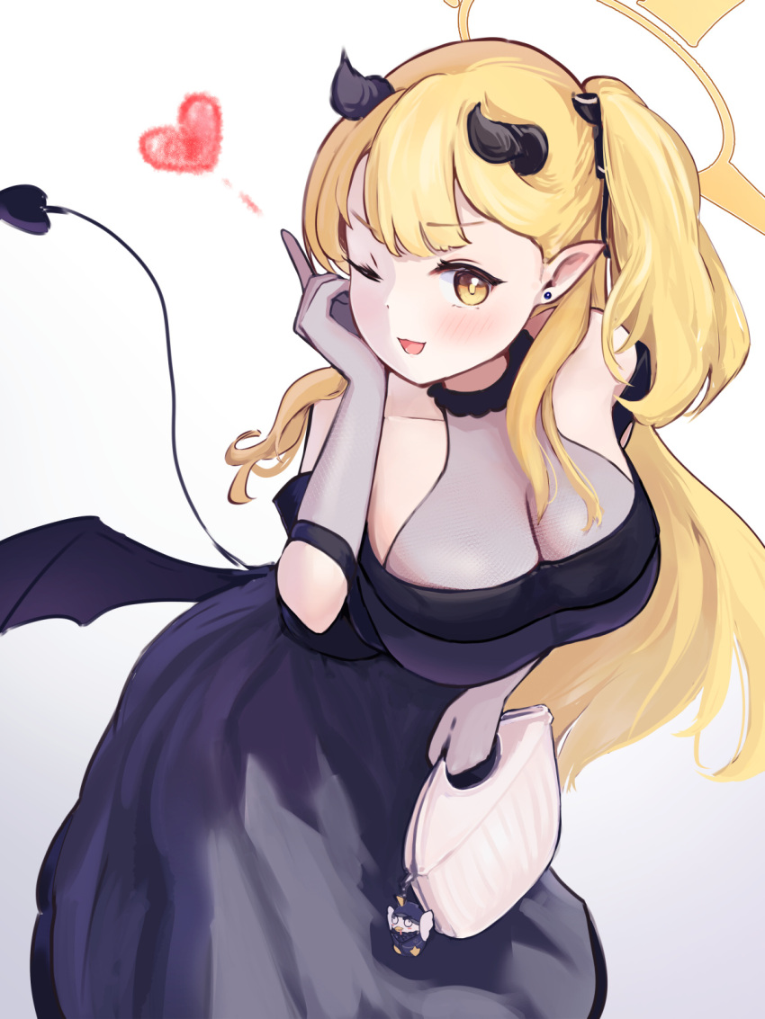 1girl aged_up alternate_breast_size bag black_dress black_horns black_tail black_wings blonde_hair blue_archive blush breasts cleavage demon_horns demon_tail demon_wings dress gloves gradient_background grey_gloves halo heart highres holding holding_bag horns ibuki_(blue_archive) ibuki_(dress)_(blue_archive) large_breasts long_hair looking_at_viewer official_alternate_costume one_eye_closed open_mouth peroro_(blue_archive) pointy_ears ryh4 side_ponytail smile solo tail wings yellow_eyes yellow_halo