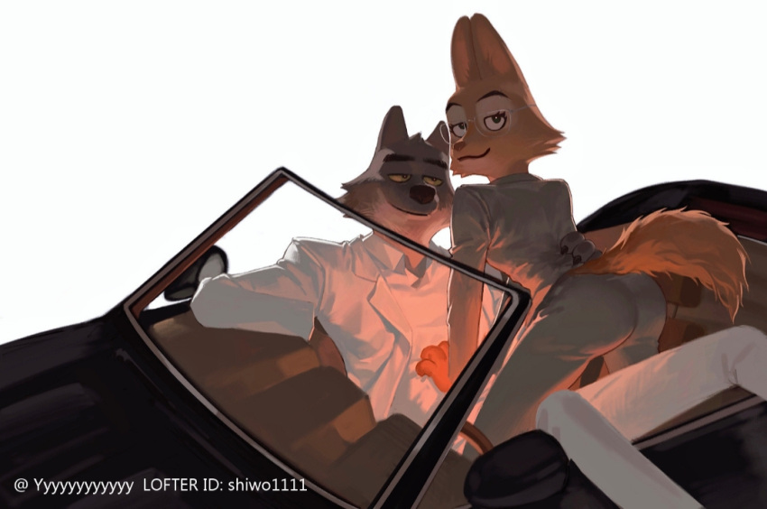 anthro butt canid canine canis cannie clothing dashboard diane_foxington dreamworks eyewear female fox fur glasses grey_body grey_fur humanoid_pointy_ears larger_male male male/female mammal mr._wolf_(the_bad_guys) orange_body orange_fur romantic romantic_couple simple_background size_difference smug smug_face suit the_bad_guys wolf