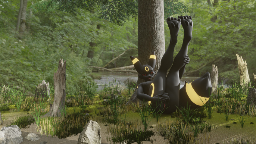 16:9 3d_(artwork) 4k absurd_res animal_genitalia anthro balls bedroom_eyes blender_(software) digital_media_(artwork) eeveelution forest forest_background generation_2_pokemon genitals glowing glowing_markings hi_res intersex light maleherm markings narrowed_eyes nature nature_background nintendo nude open_mouth outside pawpads paws plant pokemon pokemon_(species) presenting presenting_pussy pussy seductive sheath solo sunlight tree umbreon water widescreen zero3_delta zero3delta