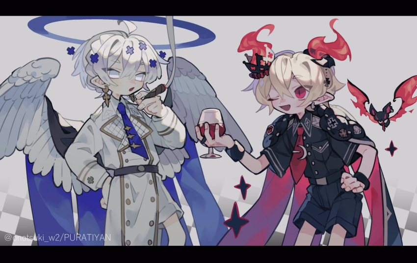 2boys :o ahoge alcohol angel angel_wings artist_name belt black_belt black_cape black_horns black_shirt black_shorts black_wristband blonde_hair blue_cape blue_halo blue_necktie breast_pocket cape checkered_background cigarette coat collared_coat collared_shirt cowboy_shot creature cross crown cup curled_horns demon_boy demon_horns drinking_glass earrings feathered_wings flaming_horns gradient_background grey_background grey_coat grey_wings hair_between_eyes halo hand_on_own_hip hand_up highres holding holding_cigarette holding_cup horns iron_cross jewelry letterboxed long_sleeves looking_at_another male_focus mini_crown multiple_boys necktie no_pupils one_eye_closed onotsuki_w2 open_mouth original pocket pointy_ears red_cape red_eyes red_necktie shirt shirt_tucked_in short_hair short_sleeves shorts side_slit simple_background slit_pupils smoke_trail sparkle standing twitter_username two-sided_cape two-sided_fabric white_eyes white_hair white_shirt white_shorts wine wine_glass wings