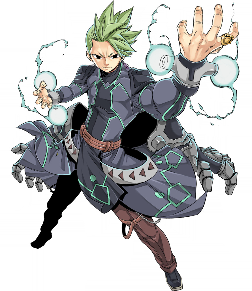 1boy belt black_eyes brown_belt brown_pants coat full_body gate_of_nightmares green_hair grey_coat highres jackson_(gate_of_nightmares) jewelry long_coat looking_at_viewer magic mashima_hiro official_art pants ring shoes short_hair simple_background solo spiked_hair transparent_background