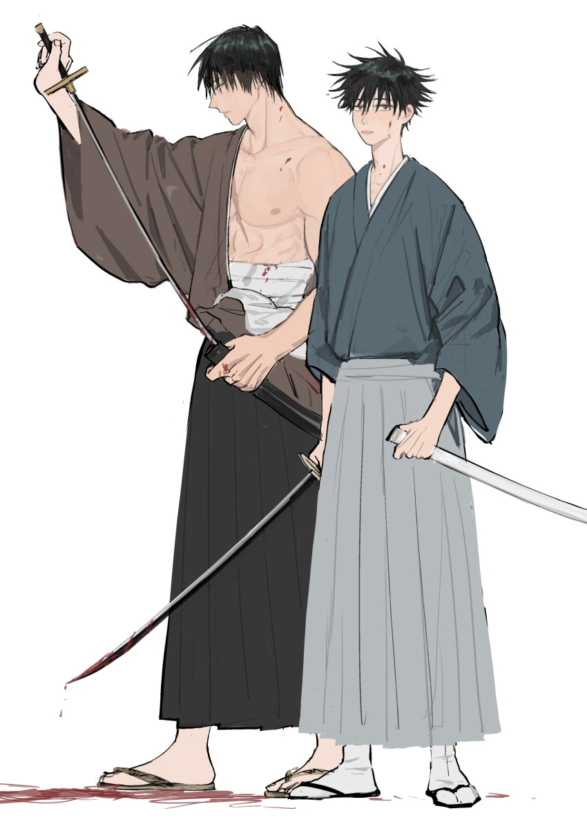 2boys abs absurdres bangs black_hair blood blood_on_face blood_on_weapon closed_mouth eyelashes father_and_son full_body fushiguro_megumi fushiguro_touji hakama hakama_skirt highres holding holding_sword holding_weapon japanese_clothes jujutsu_kaisen katana kimono li_chestnuts long_sleeves looking_at_viewer male_focus mature_male multiple_boys muscular muscular_male nipples pectorals sandals sarashi short_hair simple_background skirt socks spiked_hair sword weapon wide_sleeves