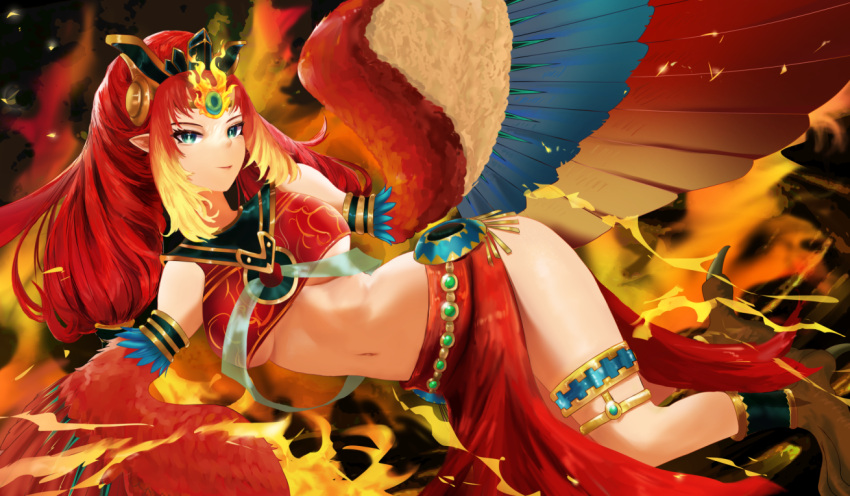 1girl animal_feet bare_shoulders breasts crop_top duel_monster feathers fire fire_king_avatar_princess green_eyes harpy headdress long_hair looking_at_viewer medium_breasts midriff monster_girl multicolored_wings red_feathers red_hair red_skirt sidelocks skirt solo talons thighlet tiara underboob wings yu-gi-oh! zozokii-akin