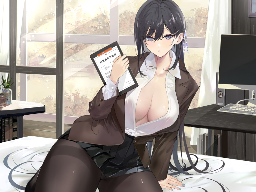 1girl arm_support black_hair book breasts brown_jacket cleavage collarbone collared_shirt computer desk hair_between_eyes hair_ornament hair_ribbon hairclip highres holding holding_tablet_pc indoors jacket keyboard_(computer) large_breasts leaf long_hair long_sleeves looking_at_viewer mexif nail_polish no_bra non-web_source on_table open_clothes open_shirt original pantyhose parted_lips pleated_skirt purple_eyes ribbon school_uniform shirt shirt_tucked_in sitting sitting_on_table skirt solo speaker table tablet_pc tree very_long_hair white_shirt window