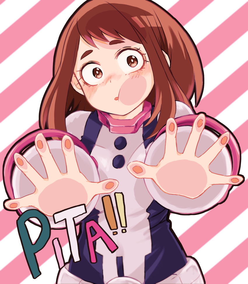 1girl :o absurdres against_fourth_wall bodysuit boku_no_hero_academia brown_eyes brown_hair foreground_text highres pink_background reaching_out short_hair sidelocks striped striped_background tabetai_omochi uraraka_ochako white_background