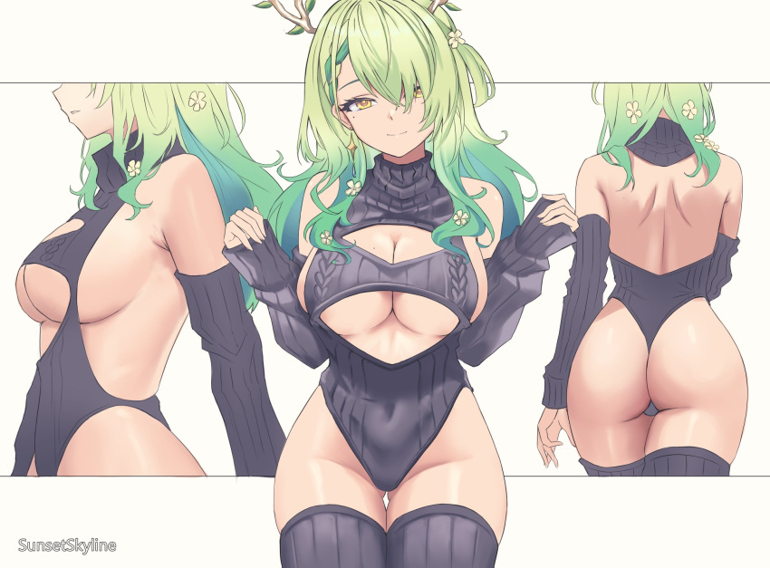 1girl alternate_costume antlers ass back backless_outfit bare_shoulders black_socks braid breasts ceres_fauna english_commentary flower from_behind green_hair hair_flower hair_ornament highres hololive hololive_english horns large_breasts leotard long_hair looking_at_viewer meme_attire mole mole_under_eye multicolored_hair multiple_views ribbed_leotard ribbed_sweater shoulder_blades sideboob smile socks sunset_skyline sweater thighs thong thong_leotard tree_horns turtleneck virgin_slayer_sweater virtual_youtuber yellow_eyes