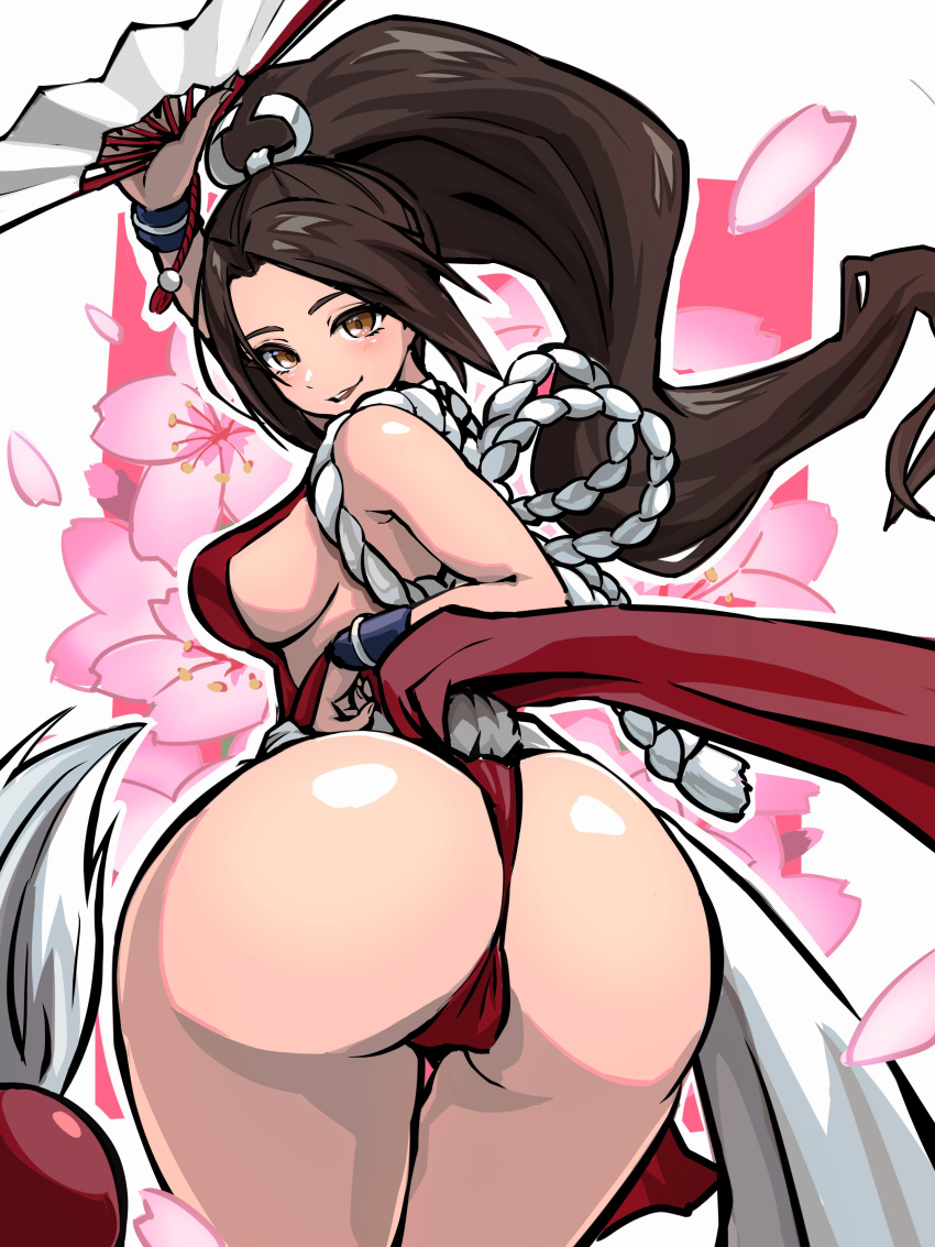 1girl absurdres ap_cammy ass breasts brown_hair cowboy_shot flower hand_fan hand_up high_ponytail highres holding holding_fan japanese_clothes kimono looking_at_viewer looking_back parted_bangs pelvic_curtain red_kimono shiranui_mai smile solo the_king_of_fighters thighs