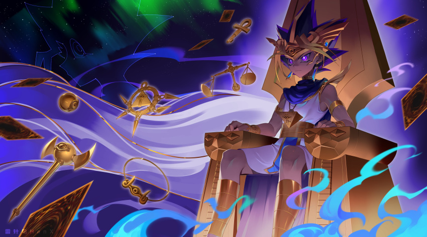 2boys absurdres atem black_hair blonde_hair buzzsaw_(6631455) card dark-skinned_male dark_skin earrings egyptian_clothes highres jewelry millennium_eye millennium_key millennium_necklace millennium_puzzle millennium_ring millennium_rod millennium_scale multicolored_hair multiple_boys mutou_yuugi purple_eyes purple_hair silhouette sleeveless throne yu-gi-oh! yu-gi-oh!_duel_monsters