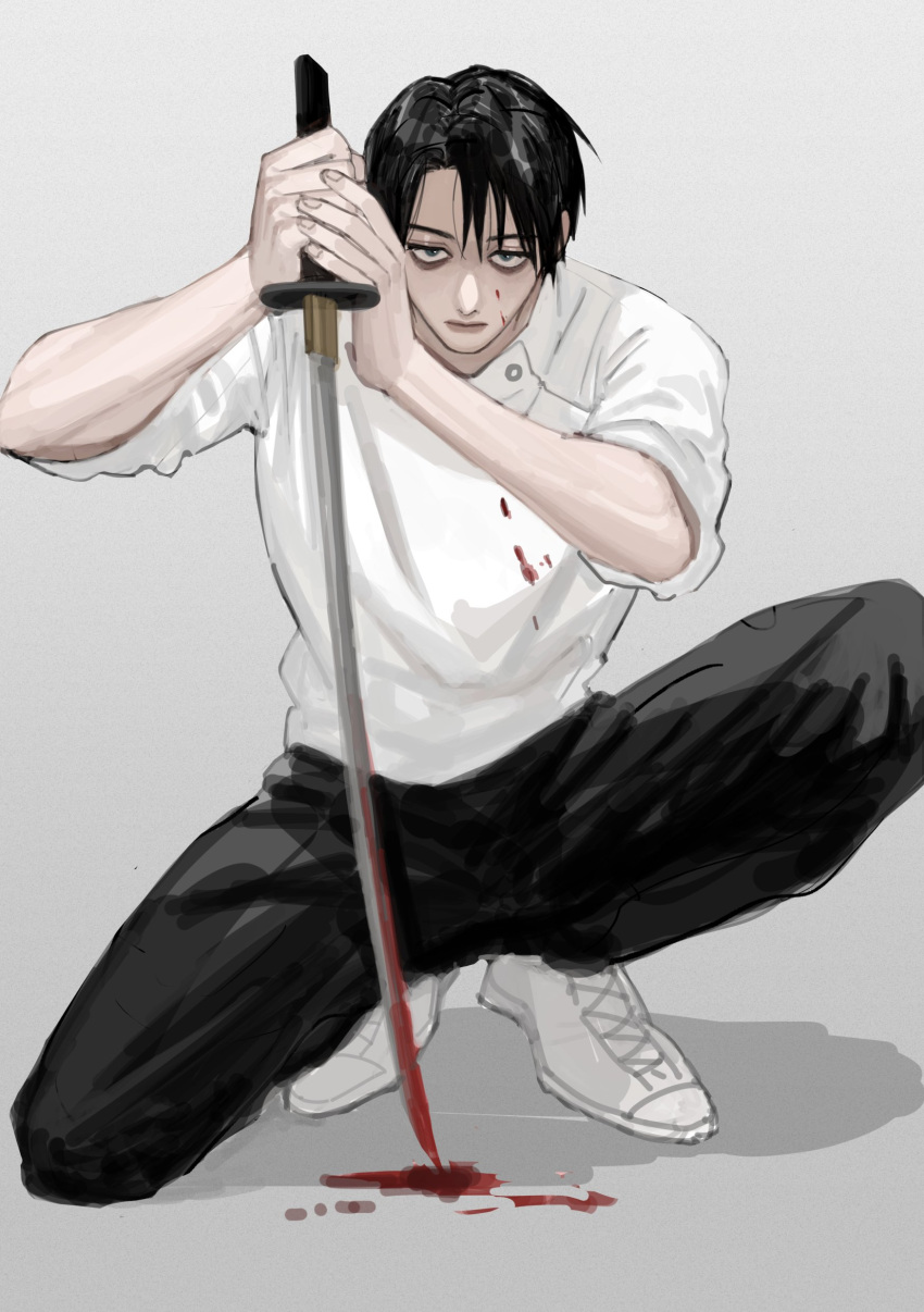 1boy absurdres bags_under_eyes bangs black_hair black_pants blood blood_on_clothes blood_on_face blood_on_weapon buttons closed_mouth expressionless full_body highres holding holding_sword holding_weapon jacket jujutsu_kaisen katana li_chestnuts looking_at_viewer male_focus okkotsu_yuuta pants school_uniform shadow shoes short_hair simple_background sneakers solo squatting sword weapon white_footwear white_jacket