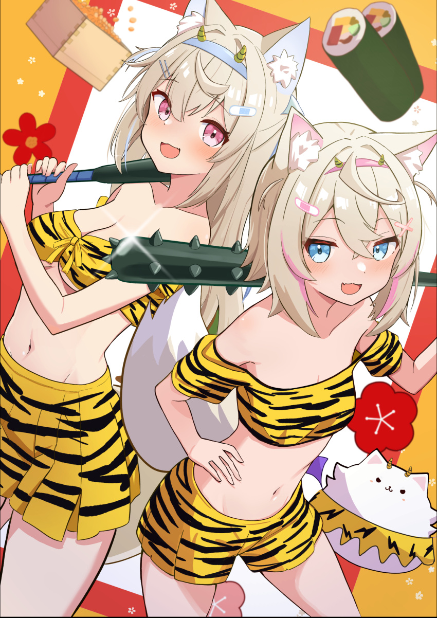 2girls animal_ear_fluff animal_ears animal_print beans blue_eyes blue_hair blue_hairband breasts cleavage club_(weapon) commentary_request crop_top dog_ears dog_girl dog_tail food fuwawa_abyssgard hair_ornament hairband hairclip highres holding hololive hololive_english kanabou light_brown_hair makizushi mamemaki masu medium_breasts mococo_abyssgard multicolored_hair multiple_girls navel off-shoulder_shirt off_shoulder parijennu222 pink_eyes pink_hair pink_hairband pleated_skirt print_shirt print_shorts print_skirt setsubun shirt shorts siblings sisters skirt small_breasts streaked_hair sushi tail tiger_print twins virtual_youtuber weapon yellow_shirt yellow_shorts yellow_skirt