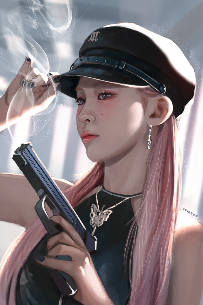 1girl aegyo_sal asian black_eyes black_headwear black_nails black_shirt earrings expressionless eyeshadow glitter glitter_makeup gun hair_behind_ear halter_shirt halterneck hand_on_headwear handgun highres holding holding_gun holding_weapon itzy jewelry k-pop kc_de_xiesheng_bu long_hair makeup mole mole_under_eye pink_eyeshadow pink_hair pink_lips real_life realistic ryujin_(itzy) shirt smoke smoking_gun solo weapon