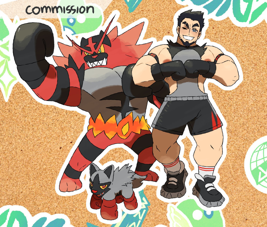 1boy armband bara beard black_hair black_shorts boxing_gloves clenched_hands commission danny_(felixnosi) eyebrow_cut facial_hair fist_bump full_beard full_body grin highres incineroar large_pectorals male_focus mature_male muscular muscular_male nipples okto_(oktorisuyet) one_eye_closed original pectorals pokemon poochyena shoes short_hair shorts smile sneakers thick_eyebrows wrestler