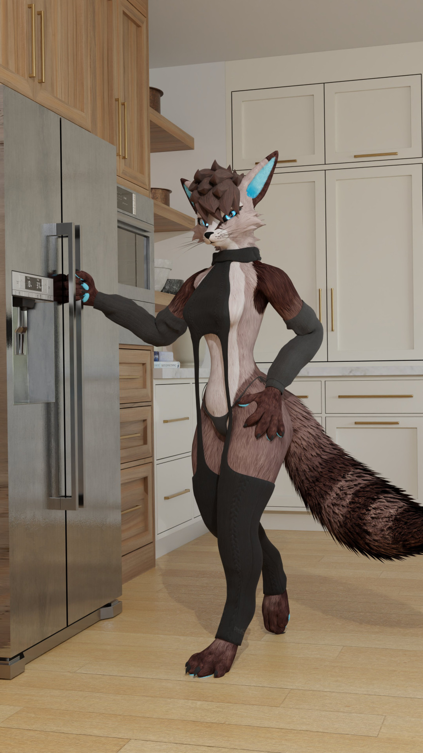 4k 9:16 absurd_res anthro armwear black_clothing black_panties black_underwear blender_(software) blue_eyes blue_inner_ear blue_pawpads canid canine cheek_tuft clothing facial_tuft female fox fur hand_on_leg hand_on_thigh hi_res kitchen legwear looking_at_viewer mammal multicolored_body multicolored_fur panties pawpads rexouium solo sweater topwear tuft underwear virgin_destroyer_sweater vizionfox whiskers