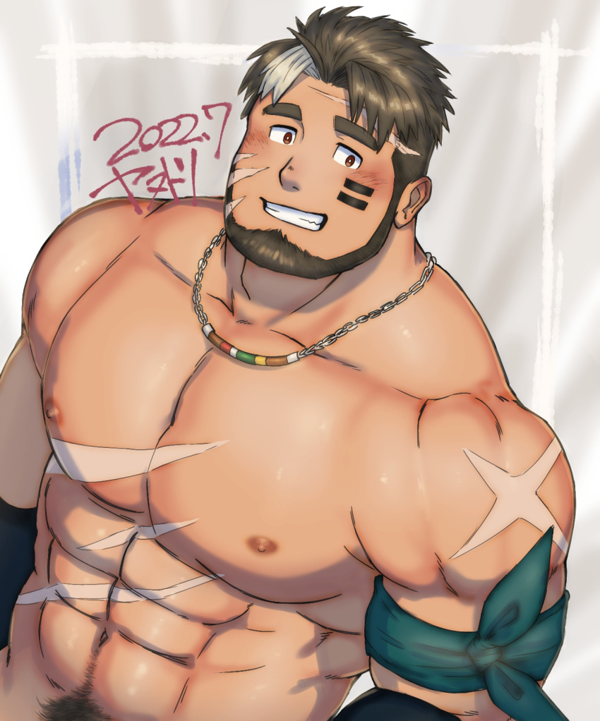 1boy abs another_eidos-r armband bara beard black_hair blush cross_scar dated facepaint facial_hair highres jewelry large_pectorals male_focus male_pubic_hair multicolored_hair muscular muscular_male navel navel_hair necklace nipples pectorals pubic_hair scar scar_on_arm scar_on_chest scar_on_face scar_on_forehead scar_on_stomach short_hair smile sol_(another_eidos) solo teeth two-tone_hair upper_body white_hair yanutorie