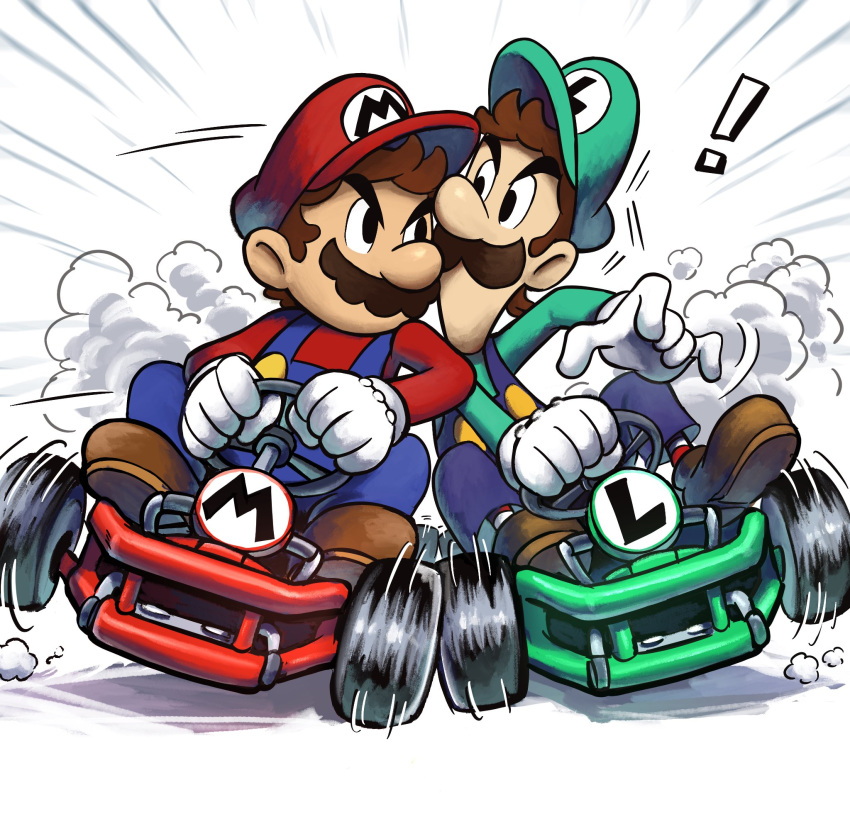 ! 2boys blue_overalls boots brothers brown_footwear brown_hair facial_hair gloves go-kart green_headwear green_shirt hat highres looking_at_another luigi mario mario_&amp;_luigi_rpg mario_(series) mario_kart masanori_sato_(style) multiple_boys mustache overalls red_headwear red_shirt shirt short_hair siblings simple_background sitting smoke white_background white_gloves ya_mari_6363