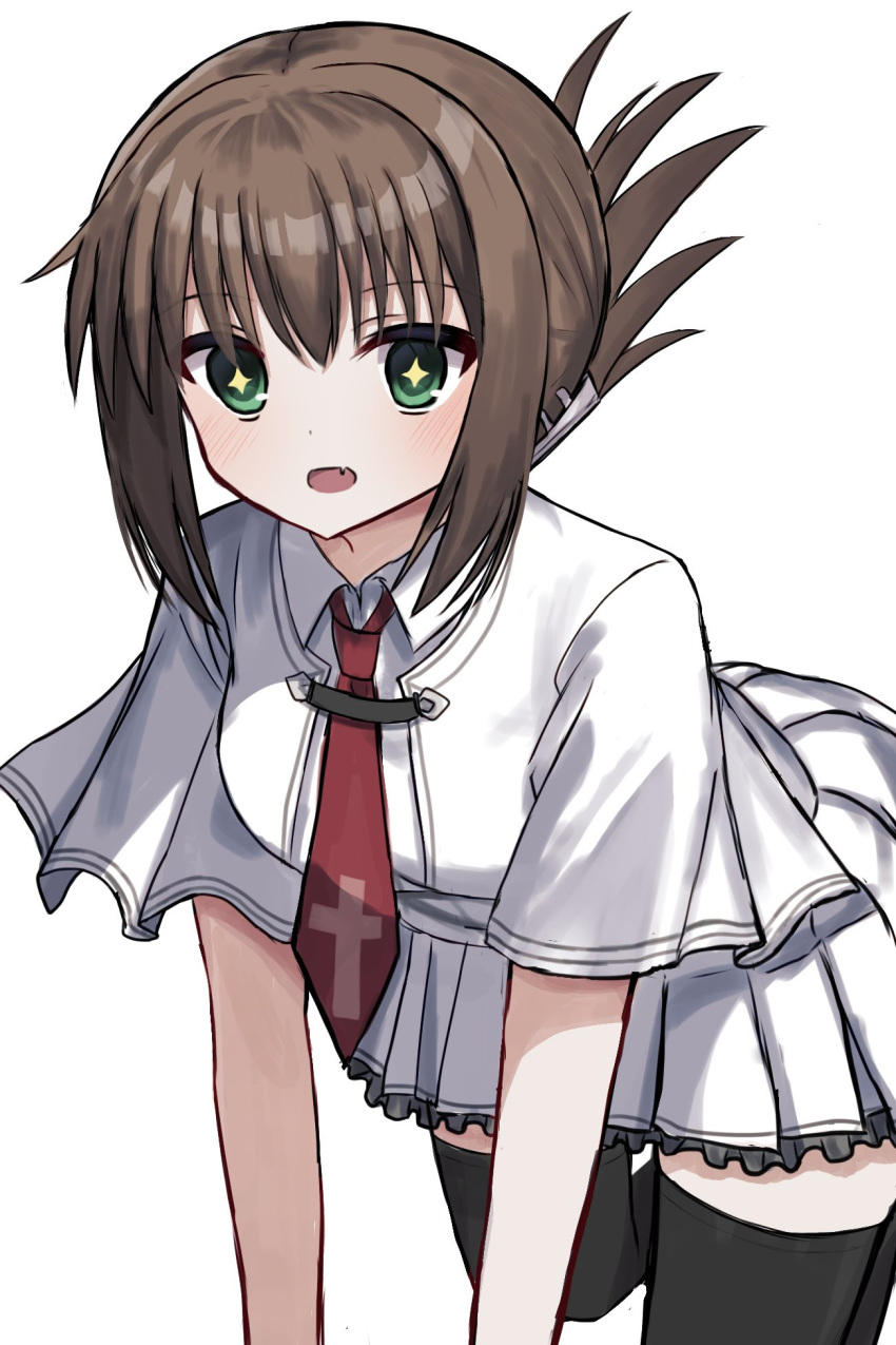 +_+ 1girl all_fours black_thighhighs blush brown_hair capelet cross_print excited fang folded_ponytail frilled_skirt frills green_eyes highres looking_at_viewer mahigu_re medium_hair miniskirt necktie open_mouth pleated_skirt print_necktie red_necktie school_uniform simple_background skirt smile solo subarashiki_hibi tachibana_kimika thighhighs white_background white_capelet white_skirt zettai_ryouiki