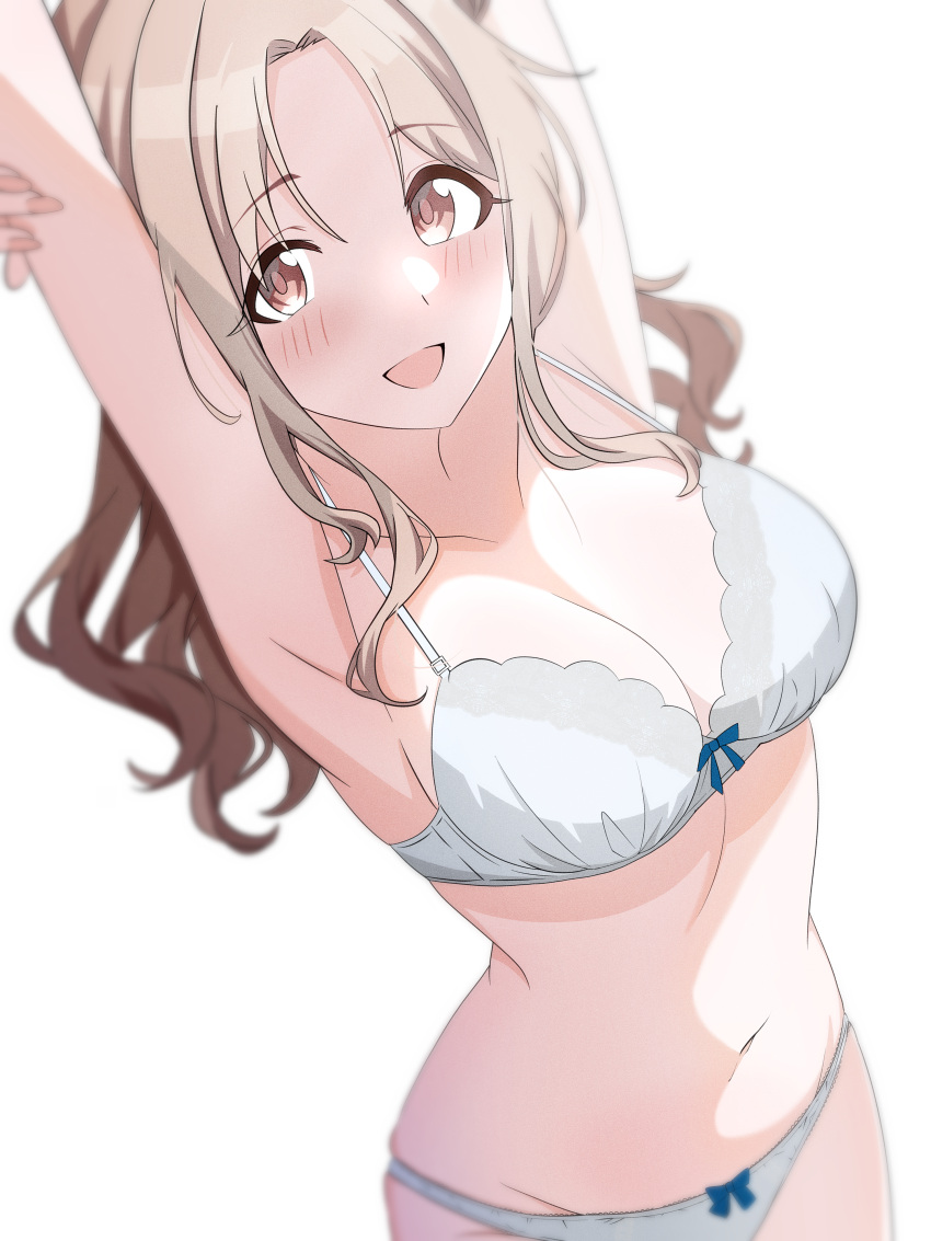 1girl absurdres armpits arms_up blush bra breasts cleavage collarbone grey_bra grey_panties highres ichikawa_hinana idolmaster idolmaster_shiny_colors large_breasts light_brown_hair looking_at_viewer musha_no_kozi navel panties simple_background smile solo stomach underwear underwear_only white_background