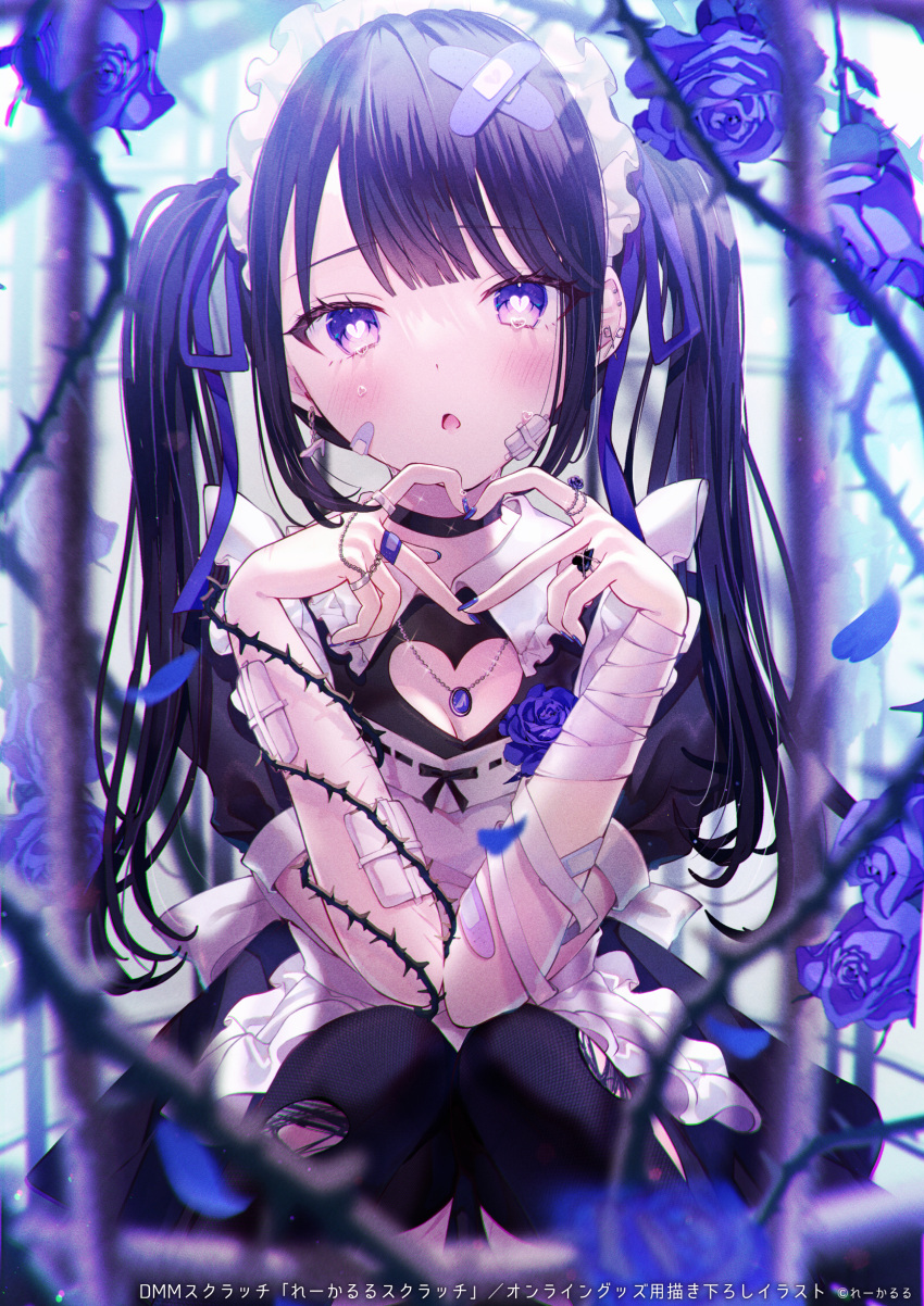 1girl apron bandaged_arm bandages bandaid bandaid_on_head black_choker black_hair black_ribbon black_shirt black_skirt black_thighhighs blurry blurry_foreground blush breasts choker cleavage cleavage_cutout clothing_cutout flower hair_ribbon heart heart-shaped_pupils highres jewelry kappe_reeka long_hair looking_at_viewer medium_breasts open_mouth original purple_eyes purple_flower purple_ribbon purple_rose ribbon ring rose shirt short_sleeves skirt solo squatting symbol-shaped_pupils thighhighs torn_clothes torn_thighhighs twintails white_apron