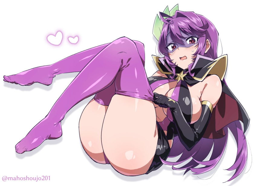 1girl black_gloves breasts cleavage elbow_gloves eye_mask fujiyama_shinobu gloves heart large_breasts long_hair looking_at_viewer mahou_shoujo_201 mucha_(muchakai) open_mouth purple_eyes purple_hair purple_thighhighs simple_background solo thick_thighs thighhighs thighs white_background