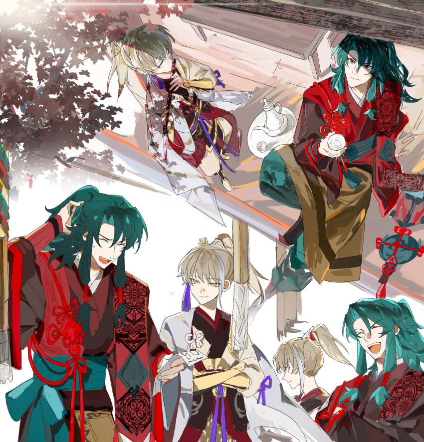 2boys archer_(fate/samurai_remnant) brendas46157301 chinese_clothes chinese_hairpin choko_(cup) closed_eyes crossed_arms cup dizi fate/samurai_remnant fate_(series) flute green_hair green_sash grey_hair hair_tubes hanfu high_ponytail highres holding holding_cup holding_flute holding_instrument holding_paper instrument long_hair long_sleeves looking_at_another looking_up multicolored_hair multiple_boys multiple_views omikuji open_mouth paper plate playing_flute purple_ribbon red_eyes ribbon sash sitting smile sweatdrop table tassel teeth transverse_flute tree upper_teeth_only wide_sleeves yellow_eyes zheng_chenggong_(fate)