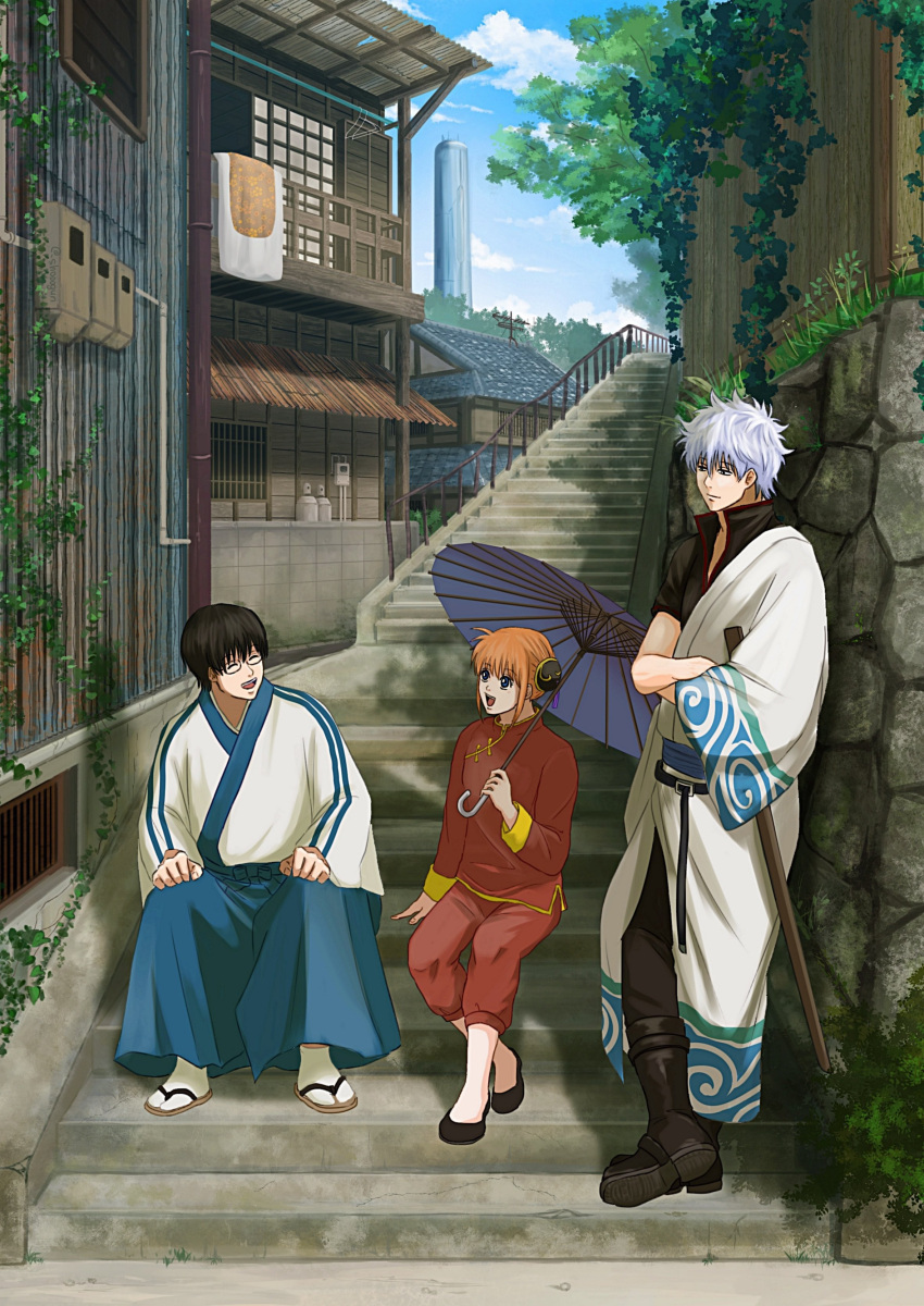 1girl 2boys absurdres alley architecture belt black_footwear black_hair boots bun_cover chinese_clothes cloud commentary day double_bun east_asian_architecture full_body futon gintama glasses hadanugi_dousa hair_bun highres japanese_clothes kagura_(gintama) kimono multiple_boys oil-paper_umbrella on_stairs orange_hair outdoors sakata_gintoki sandals shimura_shinpachi shooogun short_hair sitting stairs standing stone_wall sword symbol-only_commentary umbrella weapon white_hair wooden_sword zouri