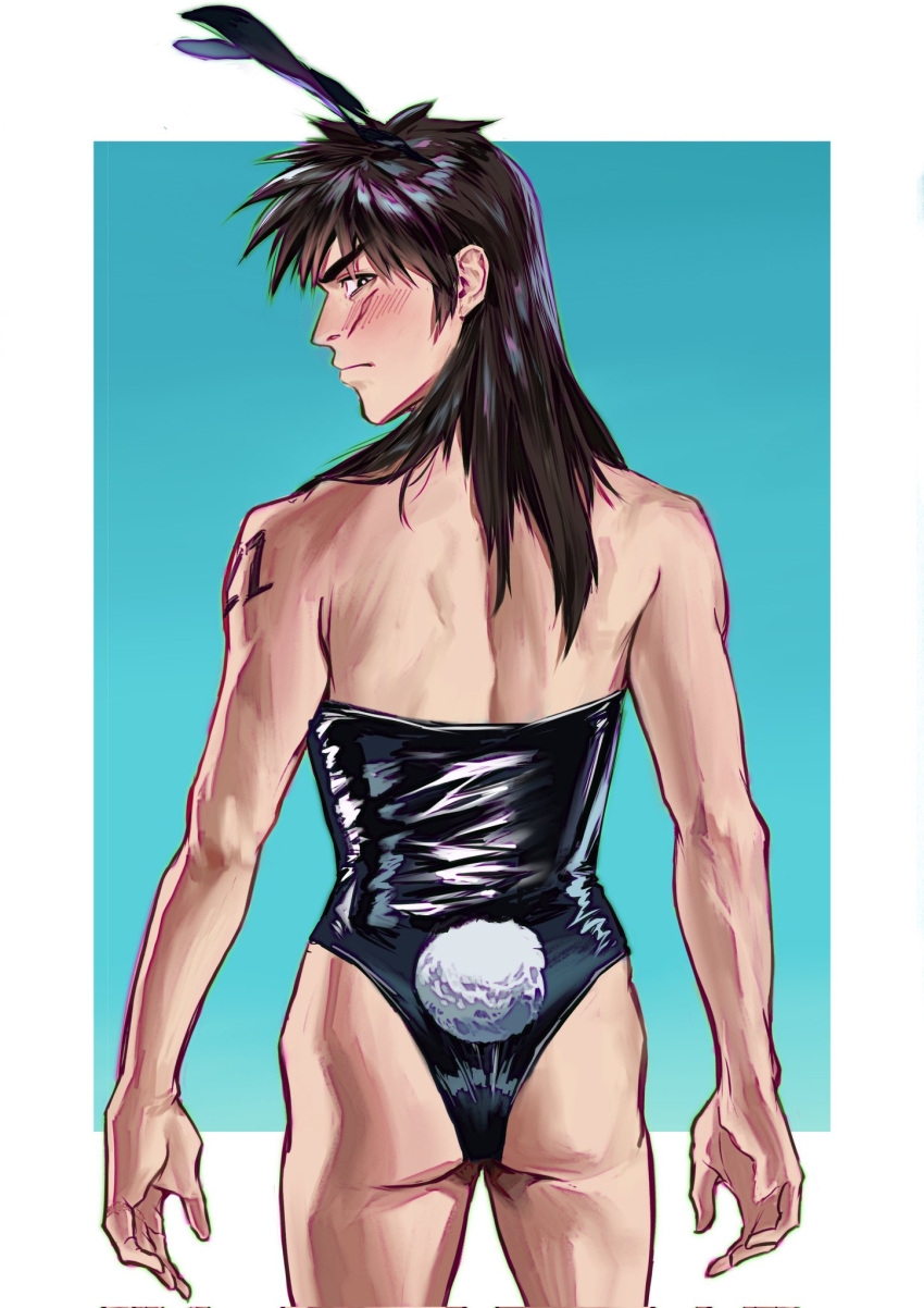 1boy alternate_costume animal_ears arm_tattoo ass back black_eyes black_hair black_leotard blue_background blush chinese_commentary closed_mouth commentary_request cowboy_shot fake_animal_ears fake_tail from_behind frown highres itou_kaiji kaiji leotard long_hair looking_at_viewer looking_back male_focus male_playboy_bunny medium_bangs number_tattoo playboy_bunny rabbit_ears rabbit_tail scar scar_on_cheek scar_on_face simple_background solo strapless strapless_leotard tail tattoo two-tone_background white_background zhaiju2