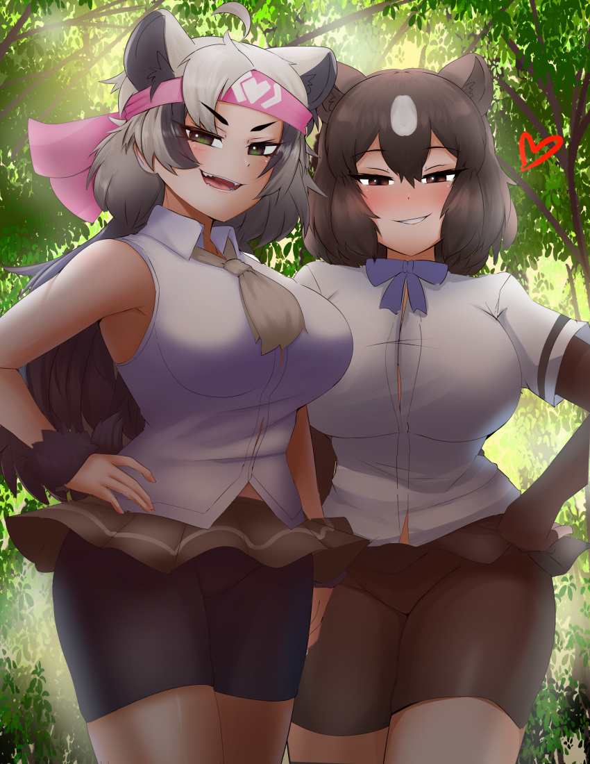 2girls absurdres ahoge animal_ears arm_at_side backlighting bare_arms bare_shoulders bear_ears bike_shorts bike_shorts_under_skirt black_hair blush bow bowtie breasts brown_bear_(kemono_friends) brown_eyes brown_hair closed_mouth collared_shirt cowboy_shot cuffs day double-parted_bangs elbow_gloves english_commentary extra_ears ezo_brown_bear_(kemono_friends) fangs fingerless_gloves fur_cuffs gloves green_eyes grey_hair grin hair_between_eyes half-closed_eyes hand_on_own_hip headband heart highres impossible_clothes impossible_shirt kemono_friends large_breasts long_hair looking_at_viewer medium_hair microskirt multicolored_hair multiple_girls nanoder naughty_face necktie open_mouth outdoors shirt short_sleeves shorts shorts_under_skirt skirt sleeveless sleeveless_shirt smile two-tone_hair v-shaped_eyebrows very_long_hair wing_collar