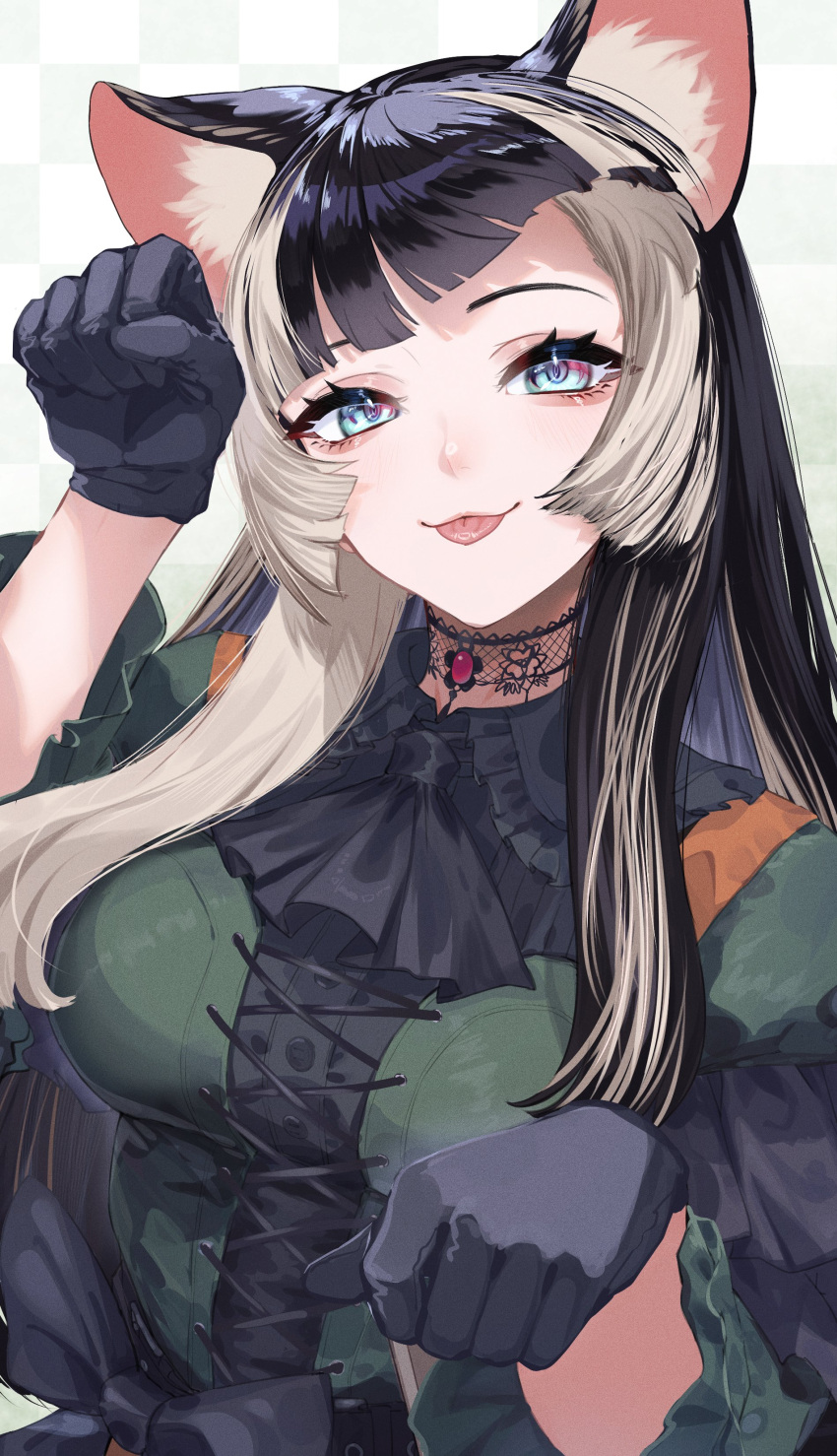 :3 :p absurdres aegyo_sal animal_ears aqua_eyes ascot black_ascot black_dress black_gloves black_hair blonde_hair blunt_bangs breasts cat_ears checkered_background choker dress floating_hair frilled_dress frills gloves highres hime_cut hololive hololive_dev_is juufuutei_raden looking_at_viewer medium_breasts multicolored_hair murechika paw_pose sidelocks streaked_hair tongue tongue_out two-tone_hair upper_body