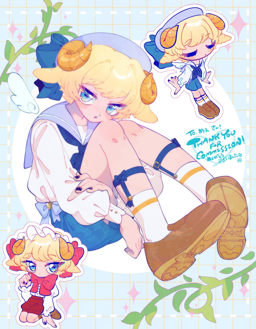 1boy :o animal_ears ankle_socks black_nails blonde_hair blue_background blue_bow blue_eyes blue_headwear blue_sailor_collar blue_shorts blue_wings bow brown_footwear brown_horns chibi chibi_inset commission curled_horns detached_wings dotted_line full_body grid_background hands_under_legs hat hat_bow highres horizontal_pupils horns knees_up legwear_garter long_sleeves looking_at_viewer mini_wings multicolored_background multiple_views open_mouth original plant puffy_long_sleeves puffy_sleeves sailor sailor_collar sailor_hat sheep_boy sheep_ears sheep_horns short_hair shorts sitting skeb_commission socks sparkle_background takoya_de thank_you vines white_background white_socks wings