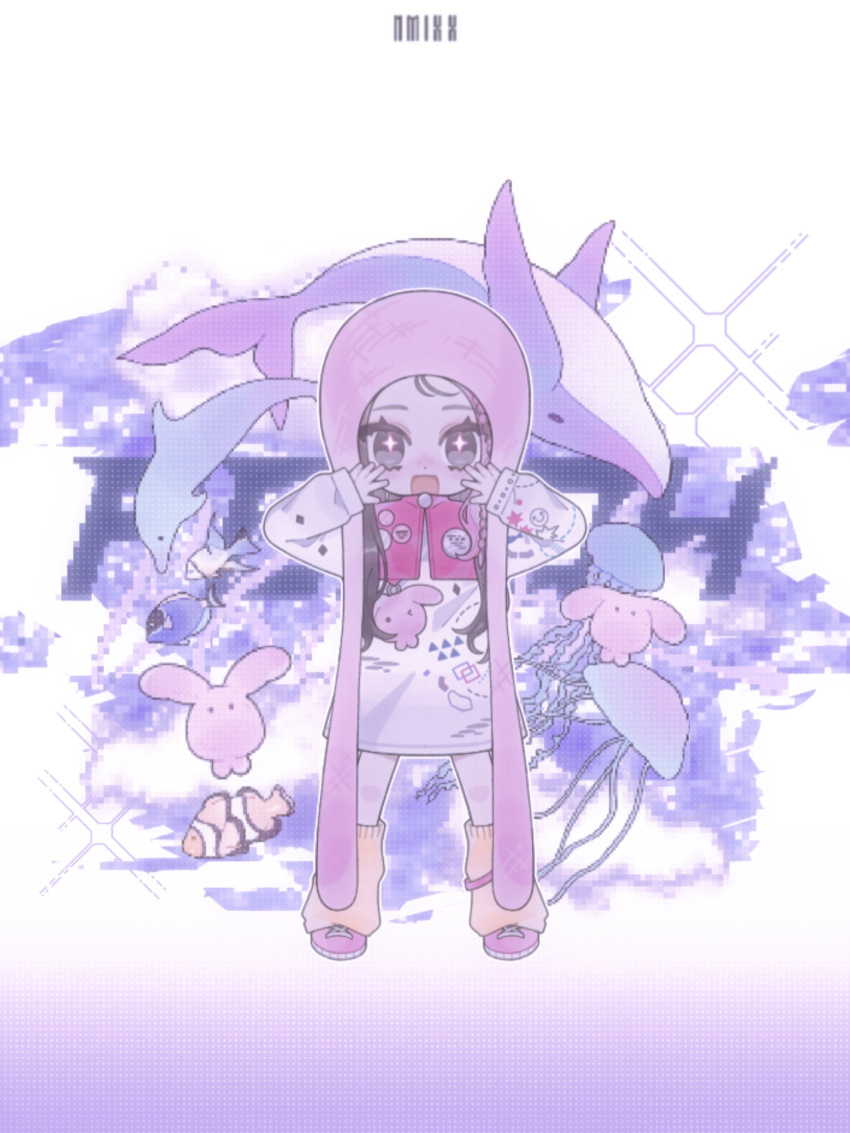 +_+ 1girl animification beanie black_eyes clownfish dress fish hat highres jellyfish k-pop kyujin_(nmixx) looking_at_viewer nmixx o_bianyi_didi_shu_o open_hands open_mouth orange_leg_warmers pink_footwear pink_headwear real_life shoes smile sneakers solo straight-on whale white_dress