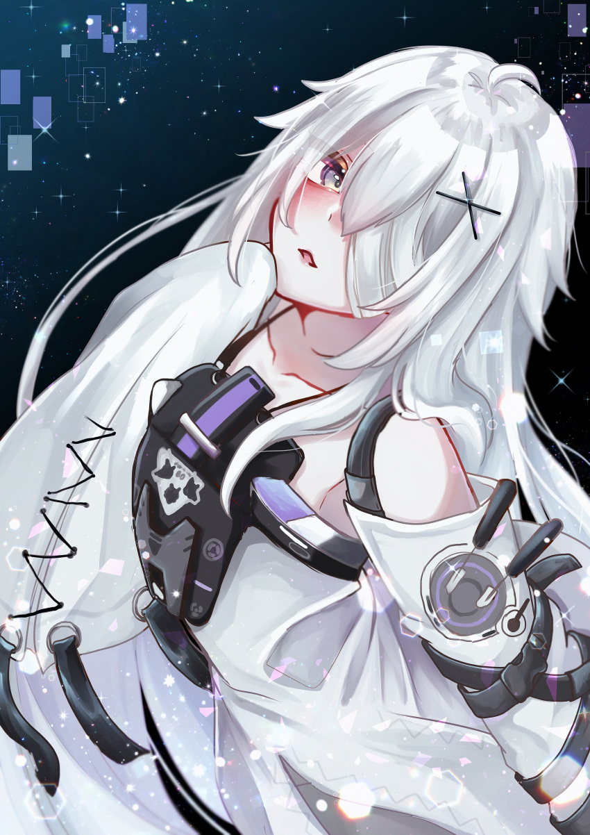 1girl absurdres ahoge bandage_over_one_eye detached_sleeves dress grey_dress grey_eyes grey_hair hair_ornament highres long_hair looking_at_viewer misoso_25 no.21:_xxi_(punishing:_gray_raven) no.21_(punishing:_gray_raven) punishing:_gray_raven sidelocks sleeves_past_fingers sleeves_past_wrists solo suspenders x_hair_ornament