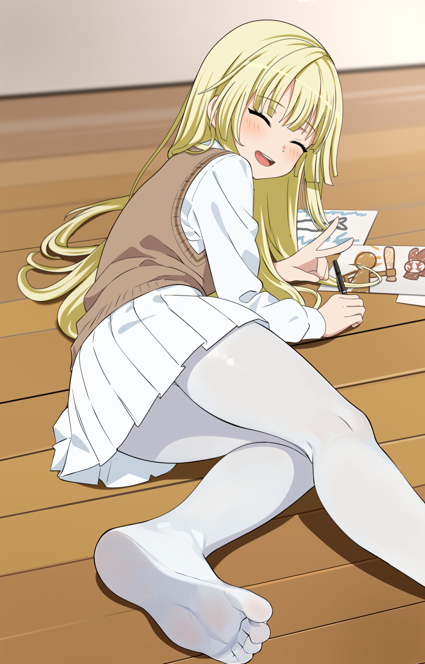 1girl :d absurdres bang_dream! blonde_hair blush child's_drawing closed_eyes commentary drawing english_commentary facing_viewer feet fries_vanquisher highres long_hair long_sleeves lying on_floor on_side open_mouth pantyhose pen pleated_skirt shirt skirt smile soles solo sweater_vest thighs toes tsurumaki_kokoro upper_body v white_pantyhose white_shirt white_skirt wooden_floor