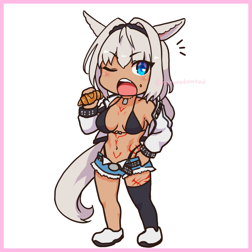 1girl absurdres animal_ears artist_request bangs bikini black_bikini blue_eyes blush breasts caenis_(fate) chibi croissant dark-skinned_female dark_skin denim denim_shorts fate/grand_order fate_(series) food highres horse_ears jacket long_hair open_mouth shorts solo swimsuit tattoo