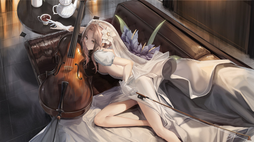 1girl aug_(girls'_frontline) backless_dress backless_outfit bow_(music) breasts brown_hair couch cup double_bass dress flower girls'_frontline gloves hair_flower hair_ornament highres holding holding_bow_(music) instrument jaaku_(ra_9rara) looking_at_viewer lying official_alternate_costume parted_lips sideboob solo teacup teapot veil wedding_dress white_dress white_gloves yellow_eyes
