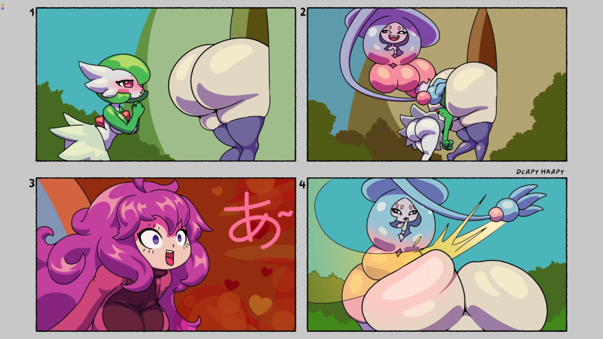 &lt;3 big_breasts big_butt big_hair black_sclera blue_body blue_hair blush blush_stickers bottomwear breasts butt clothing derpyharpy exposed_butt eyelashes face_in_ass facial_markings female gardevoir green_body green_hair group hair hat hatterene head_grab head_markings headgear headwear hex_maniac hi_res huge_butt human humanoid kissy_face legwear long_hair mammal markings nintendo open_mouth pale_body pale_skin pink_body pok&eacute;mon pok&eacute;mon_(species) prehensile_hair purple_clothing purple_eyes purple_hair purple_legwear purple_thigh_highs skirt spanking stuck thigh_highs trio upskirt video_games white_body white_eyes wide_eyed