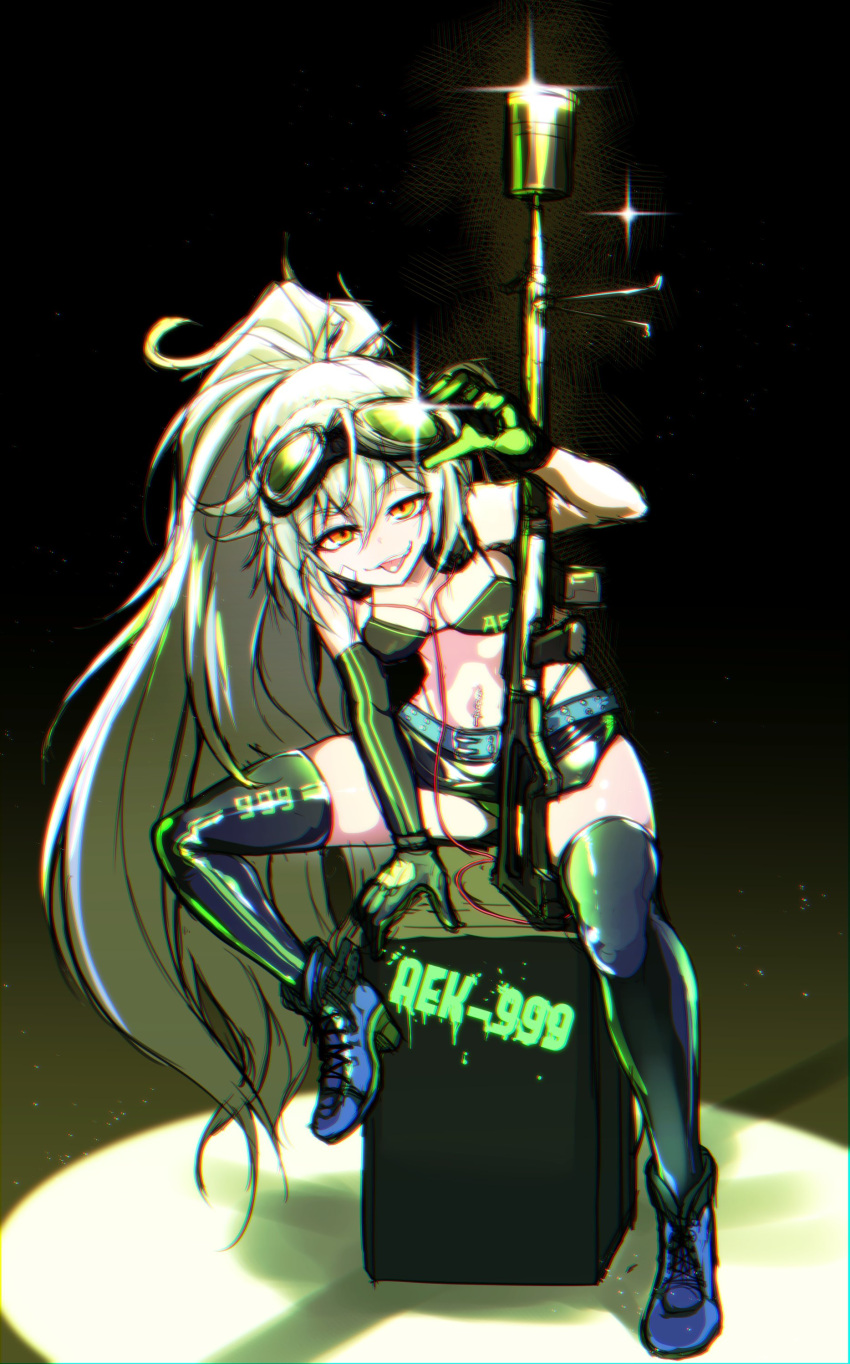 1girl absurdres aek-999_(girls'_frontline) bad_gun_anatomy bandaid bandaid_on_face black_gloves black_thighhighs boots character_name chromatic_aberration girls'_frontline gloves goggles goggles_on_head green_gloves grey_hair gun highleg highleg_panties highres long_hair looking_at_viewer machine_gun navel_piercing orange_hair panties piercing ponytail ryuu_tou sitting skirt smile solo teeth thighhighs tongue tongue_out two-tone_gloves underwear upper_teeth_only weapon