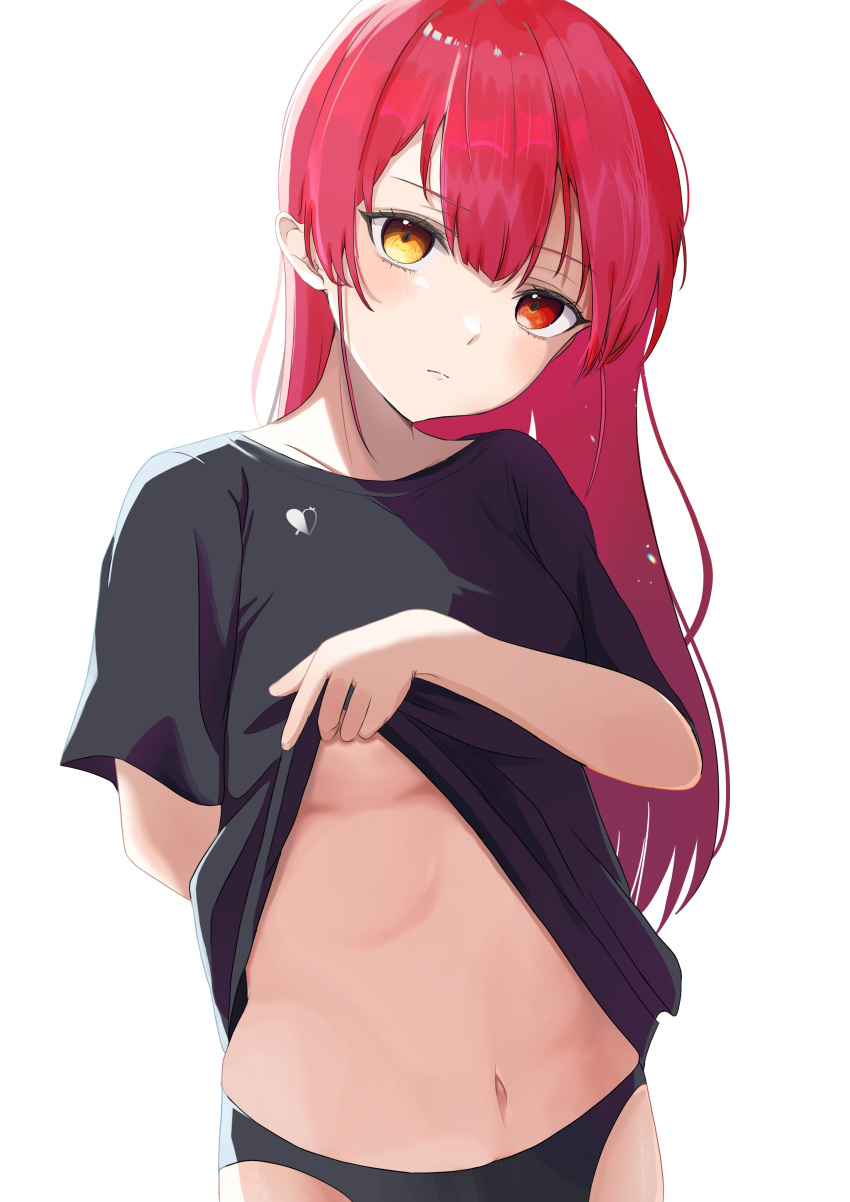 1girl absurdres arm_behind_back arrow_through_heart black_panties black_shirt blush breasts c1p122 cowboy_shot expressionless hair_between_eyes heterochromia highres hololive houshou_marine long_hair medium_breasts navel no_pants panties red_eyes self_exposure shirt solo underboob underwear white_background yellow_eyes