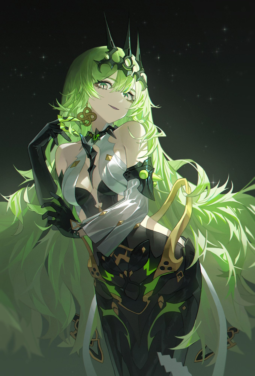 1girl backless_outfit black_bridal_gauntlets black_dress black_pantyhose breasts bridal_gauntlets collar crown crown_hair_ornament dress earrings green_hair green_scarf grey_eyes highres honkai_(series) honkai_impact_3rd jewelry lettereast light_particles long_hair looking_at_viewer medium_breasts metal mobius_(honkai_impact) naughty_face open_clothes pantyhose scarf simple_background slit_pupils smile snake_girl solo spiked_collar spikes starry_background very_long_hair white_dress