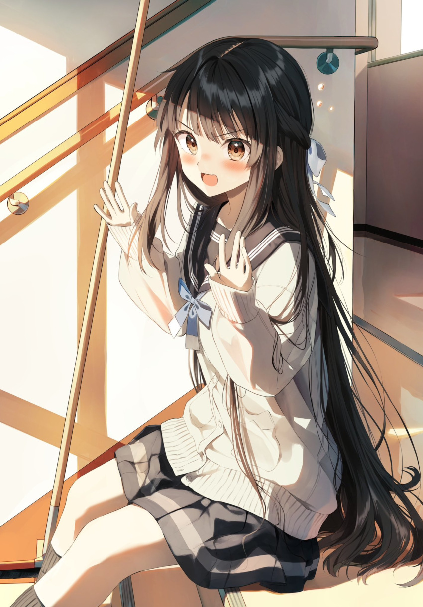 1girl black_hair black_sailor_collar black_skirt black_socks blue_bow blue_bowtie blush bow bowtie broom brown_cardigan brown_eyes cardigan commentary_request hair_bow half_updo hands_up highres indoors kneehighs long_hair long_sleeves looking_at_viewer open_mouth original pentagon_(railgun_ky1206) pleated_skirt sailor_collar school school_uniform serafuku shadow sidelocks sitting sitting_on_stairs skirt sleeves_past_wrists socks solo stairs sunlight very_long_hair