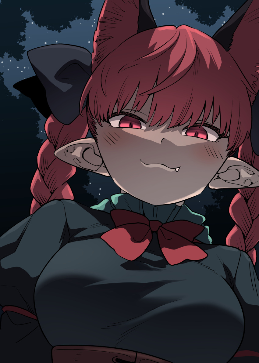 1girl absurdres animal_ears blush braid breasts cat_ears cat_girl closed_mouth commentary_request extra_ears fang fuuzasa highres kaenbyou_rin looking_at_viewer night outdoors pointy_ears red_eyes red_hair side_braids sky solo star_(sky) starry_sky touhou twin_braids upper_body