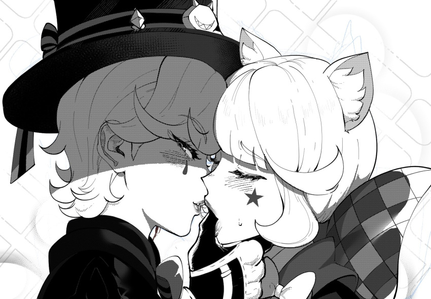 1boy 1girl after_kiss animal_ear_fluff animal_ears blush brother_and_sister cat_ears cat_girl commentary facial_mark finger_in_another's_mouth genshin_impact greyscale hat hetero highres incest long_hair looking_at_viewer lynette_(genshin_impact) lyney_(genshin_impact) monochrome nyantcha saliva saliva_trail siblings star_(symbol) star_facial_mark top_hat