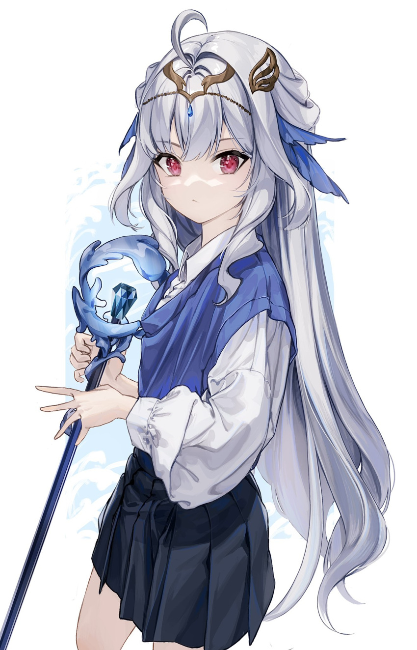 ahoge black_skirt blue_sweater_vest closed_mouth collared_shirt from_side hair_intakes hair_ornament highres holding holding_wand long_hair long_sleeves looking_at_viewer medium_skirt pleated_skirt red_eyes reverie_(vtuber_group) robetta_(reverie) shirt shizaoqian skirt sweater_vest turning_head upper_body very_long_hair wand white_hair white_shirt