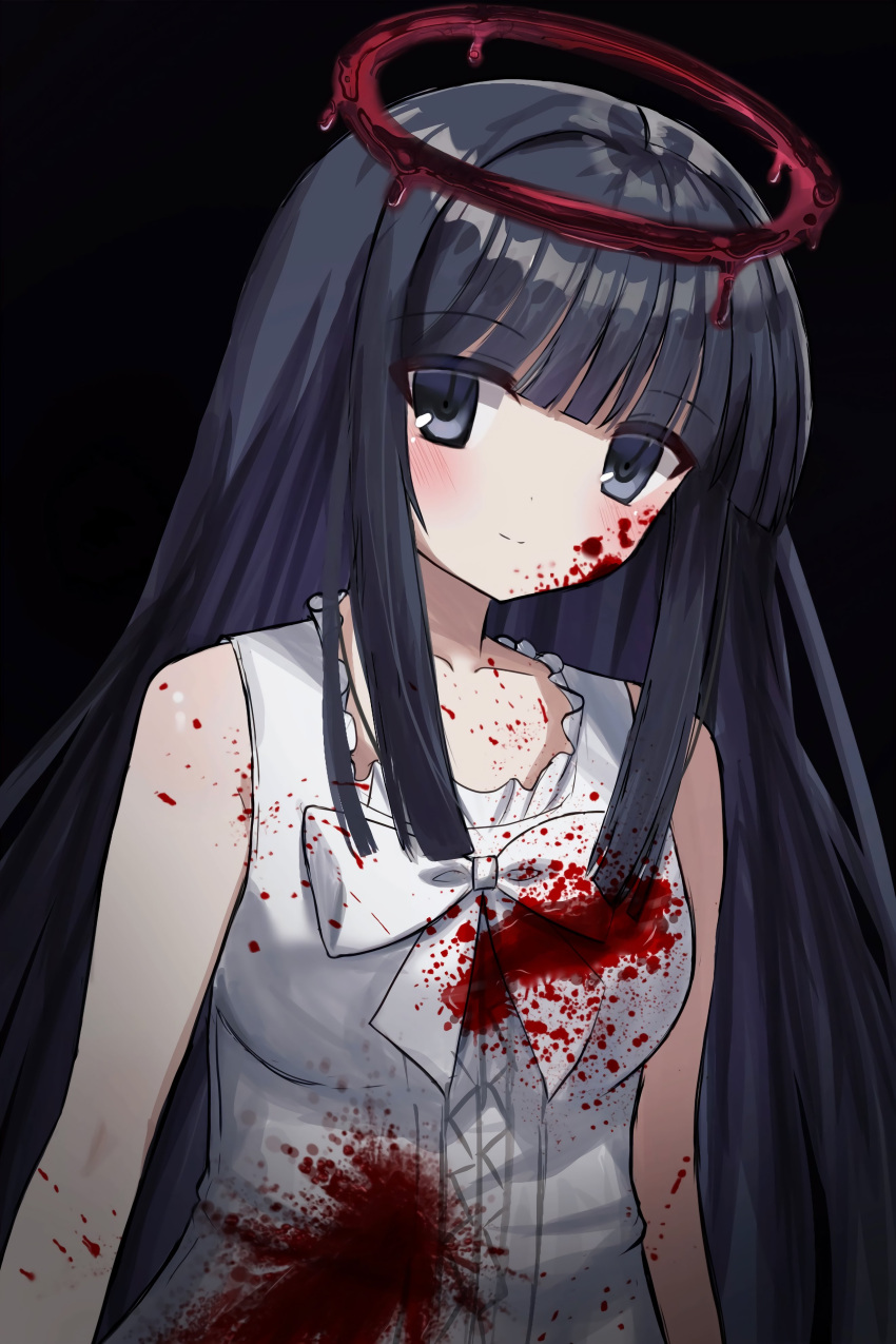 1girl absurdres arms_at_sides bare_shoulders black_background black_eyes black_hair blood blood_drop blood_halo blood_on_arm blood_on_clothes blood_on_face blunt_bangs blunt_ends blush bow closed_mouth dress frilled_dress frills halo highres light_smile long_hair looking_at_viewer mahigu_re sidelocks simple_background solo split_mouth straight_hair subarashiki_hibi sundress takashima_zakuro upper_body very_long_hair white_bow white_dress