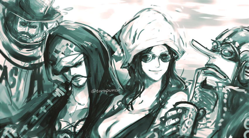 caesar_clown commentary_request facial_hair fake_facial_hair fake_mustache goatee goggles hat highres hood hooded_coat long_nose looking_at_another monochrome nico_robin one_piece smile sunglasses sword torapunch trafalgar_law twitter_username upper_body usopp weapon