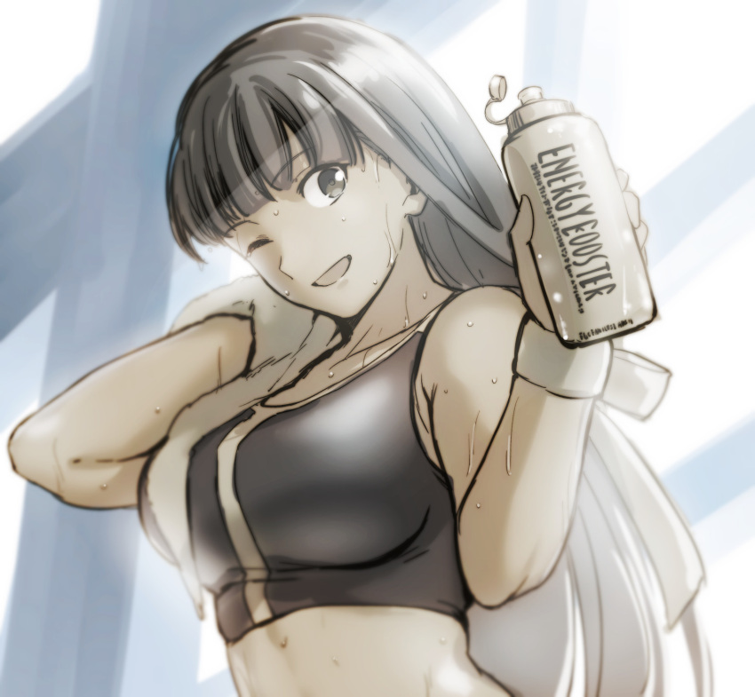 1girl aoba_(smartbeat) bangs bare_shoulders bottle breasts collarbone fate/grand_order fate_(series) highres large_breasts long_hair looking_at_viewer martha_(fate) monochrome one_eye_closed open_mouth smile solo sports_bra sweat water_bottle
