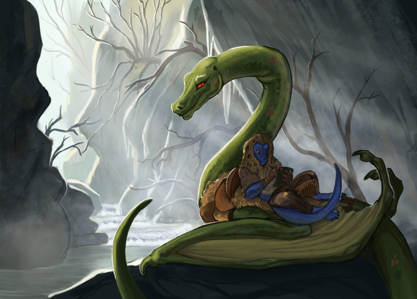anthro broghild_(homm) claws dragon drawing feral fur_cloak heroes_of_might_and_magic_3 hi_res lying_on_another male painting_(artwork) plant ponynok red_eyes scales scalie swamp tail traditional_media_(artwork) tree waterfall wyvern yellow_eyes