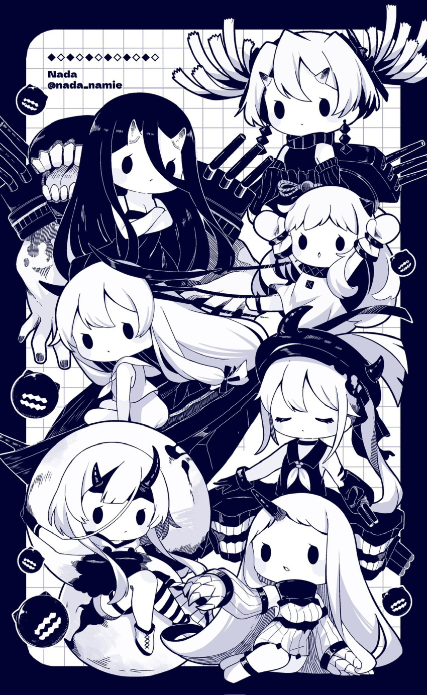 6+girls abyssal_crane_princess abyssal_ship artist_name ass battleship_princess black_choker black_dress black_gloves black_hair black_horns breasts choker claws cleavage closed_mouth colored_skin destroyer_princess dress gloves goto_islands_seafloor_princess heavy_cruiser_princess highres horns kantai_collection long_hair mittens multiple_girls nada_namie northern_ocean_princess open_mouth sailor_collar sailor_shirt seaport_princess shirt sleeveless sleeveless_shirt twitter_username white_dress white_hair white_mittens white_sailor_collar white_shirt white_skin