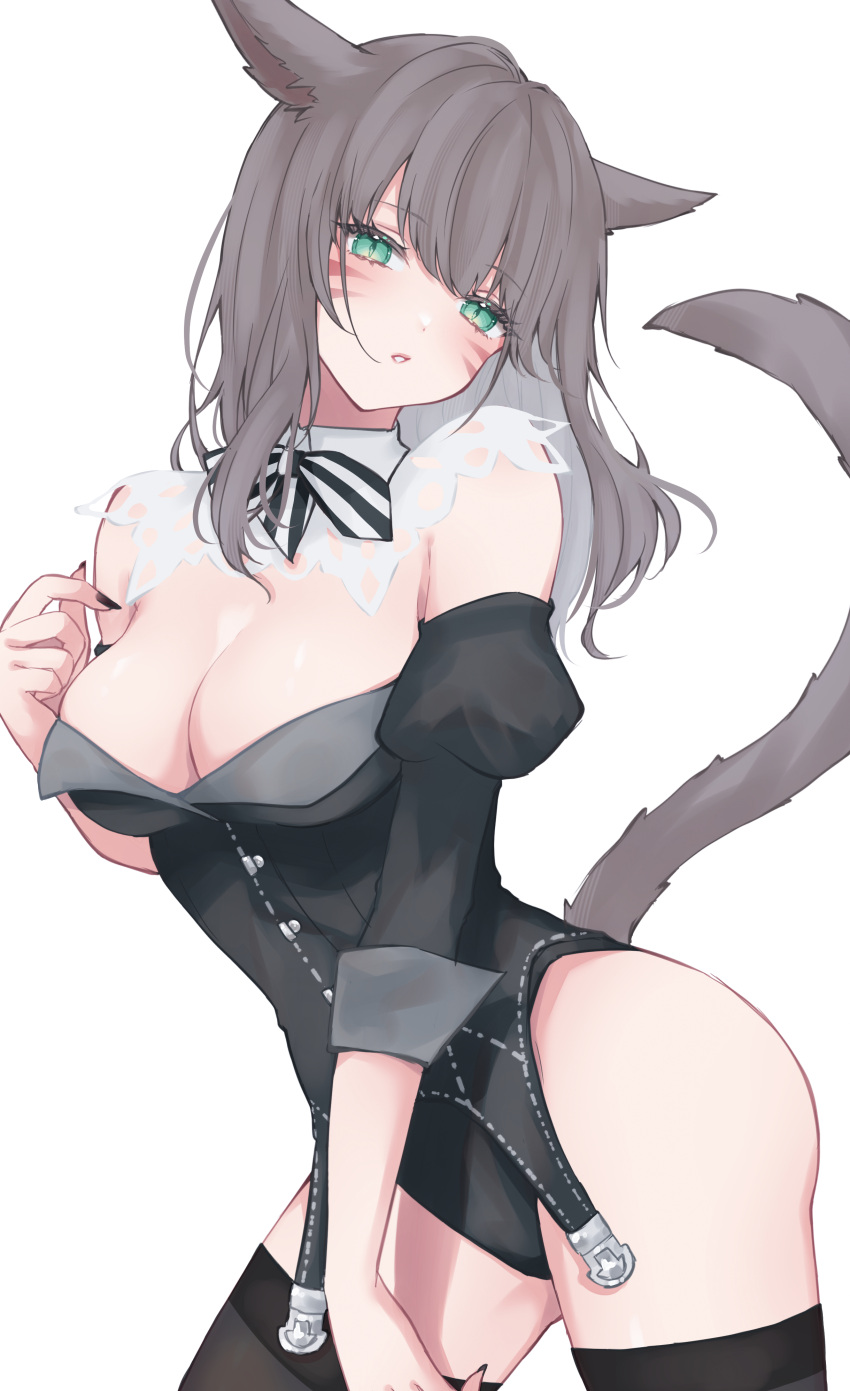 1girl absurdres animal_ears black_leotard black_nails black_thighhighs blush bow bowtie breasts brown_hair cat_ears cat_girl cat_tail cleavage detached_collar detached_sleeves facial_mark final_fantasy final_fantasy_xiv green_eyes highleg highleg_leotard highres large_breasts leotard long_hair looking_at_viewer miqo'te parted_lips puffy_sleeves sana_(sanamaru_0w0) simple_background solo striped_bow striped_bowtie striped_clothes tail thighhighs warrior_of_light_(ff14) whisker_markings white_background